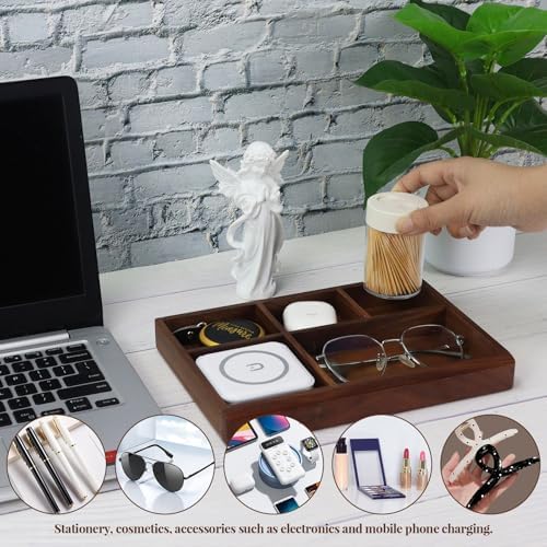 MultiBey 5-Slot Walnut Valet Tray, Wooden Nightstand & Desk Organizer - Image 4