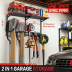 Garage Wall Organizer with Storage Shelves, 32" Garden Tool Organizer with Shelving Units and Hooks Hangers, Heavy Duty Metal Shelf with Shovel Rake Holder, Garage Organization Rack for Yard Shed Lawn - Image 2