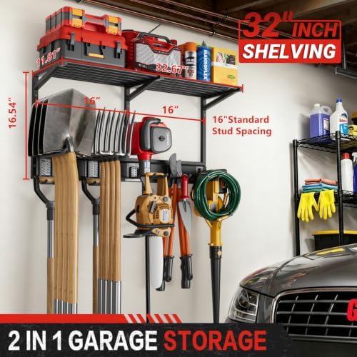 Garage Wall Organizer with Storage Shelves, 32" Garden Tool Organizer with Shelving Units and Hooks Hangers, Heavy Duty Metal Shelf with Shovel Rake Holder, Garage Organization Rack for Yard Shed Lawn - Image 2