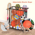 Multi-Functional Sports Storage Rack with Elastic Rope, Movable Racket Holders & Hooks - Heavy-Duty Organizer for Balls, Tennis/Badminton Rackets, Skateboard - Ideal for Garage, Home Gym & Playroom - Image 3