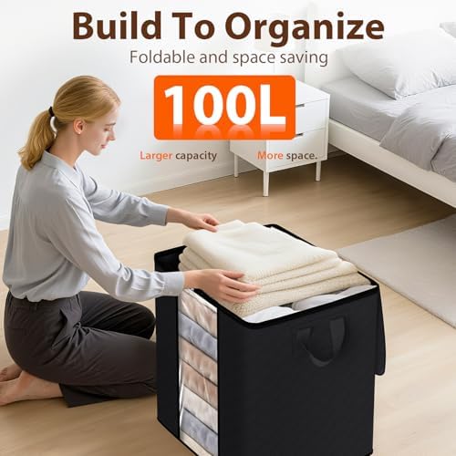 SpaceWhisper 3 Pack 100L Clothes Storage, Foldable Storage Bags, Black | Thick Fabric, Clear Window, with Reinforced Handle, for Clothing, Blanket, Comforters, Bedding Organizing - Image 6