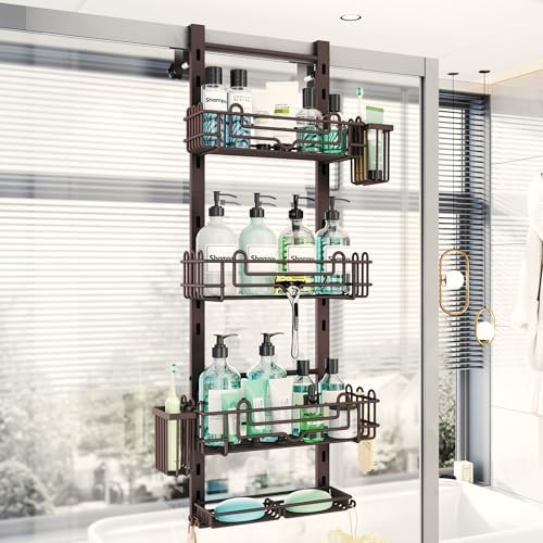 HapiRm 4 Tier Over the Door Shower Caddy, Hanging Shower Caddy with 22 Hooks and 2 Toothbrush Holders, No Drilling Adjustable Hanging Bathroom Organizer - Bronze by HapiRm