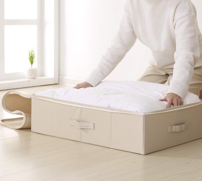 Folding Underbed Shoes Clothes Storage Organizer Basket with Zip Lid,Beige - Image 7