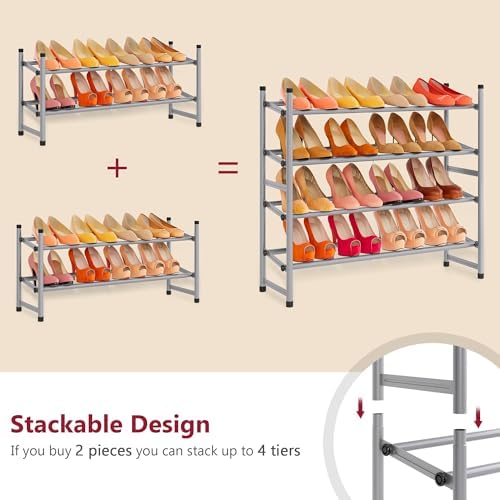 Tajsoon Expandable Shoe Rack for Closet 2 Tier, 28“-41“Stackable, Grey - Image 6