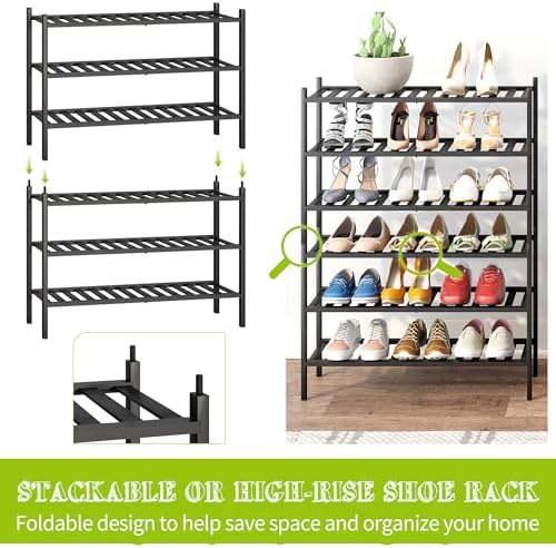 BMOSU 3-Tier Bamboo Shoe Rack Premium Stackable Shoe Shelf Storage Organizer for Hallway Closet Living Room Entryway Organizer (Black Bamboo) - Image 4