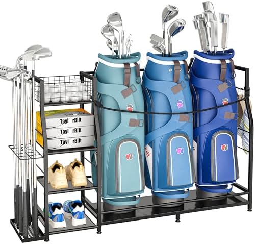 Golf Bag Stand for Golf Bag Accessories, Golf Bag Storage Organizer Fits 3 Bags for Garage Organization, Golf Organizer with Extra Storage Rack for Golf Clubs & Golf Essentials, Golf Gifts for Men by Unknown