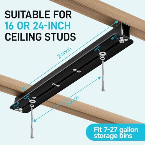 WooFog Ceiling Utility Bin Rails Storage Rack, Overhead Garage Storage Racks, Heavy Duty Hanging Storage Racks for Garage, Adjustable Width, Black (26in-6 Sets for 5 Bins) - Image 3