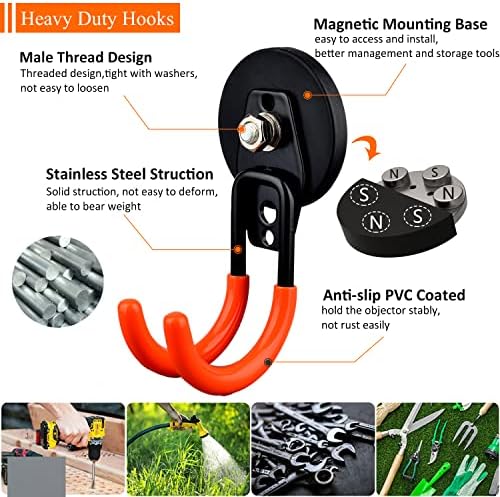 MUTUACTOR Magnetic Hooks Heavy Duty,Strong Anti-Slip Rubber Coated Magnet with Double Garage Hooks,Sturdy Utility Storage Hooks for Workbench Pegboard Garden Hose Toolbox(2PCS,J-Shape,Orange) - Image 3