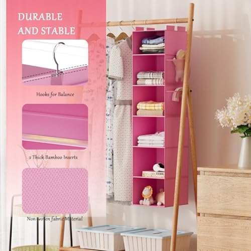Hanging Closet Organizer and Storage with Bamboo Support, 6-Shelf Closet Hanging Storage Shelves, Closet Organizers Easy Mount Foldable for Bedroom (Pink) - Image 3