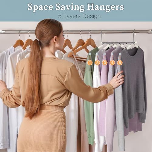 Space Saving Shirt Hanger 5 in 1 Non Slip Coat Hanger Beige 2 Pack | Multi Shirt Hanger, Stainless Steel, Eva Foam Padded, 2 Ways to Hang, Easy Access, Wrinkle Free, Closet Space Saver - Image 4