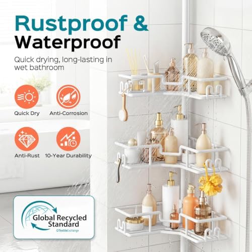 HAMITOR Corner Shower Organizer, 4-Tier Tension Pole Caddy with Hook, White - Image 2