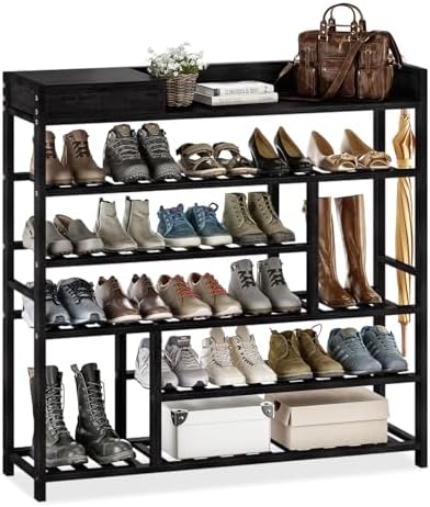Bamworld Shoe Rack for Front Door Entrance Bamboo Shoe Organizer with Storage Box Free Standing Shoe Cabinet Shoe Storage Shelf for Entryway, Closet and Doorway (Black) by Bamworld