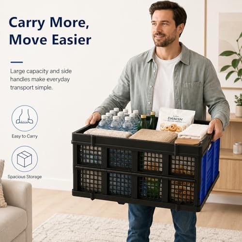 Collapsible Storage Crates 3 Pack, Stackable Foldable Storage Bins for Garage, Car Trunk, Warehouse & Home Organization, Heavy Duty Plastic Utility Crates, 49L, Blue - Image 3
