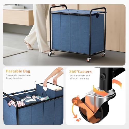 Laundry Sorter 4 Sections 48 Gal, Rolling Laundry Basket with Wheels ＆ Lid - Image 3
