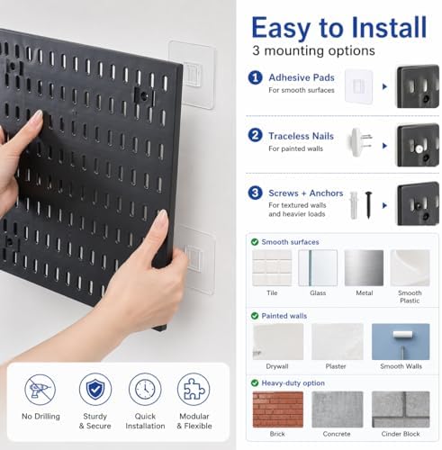 Pegboard Wall Organizer Kit – Heavy Duty 20lbs Load Bearing, Easy Installation, 4 Peg Board Panels 14 Accessories – Multi-Surface Use For Garage, Office, Kitchen & Crafts (Black Pegboard,24″×24″) - Image 3
