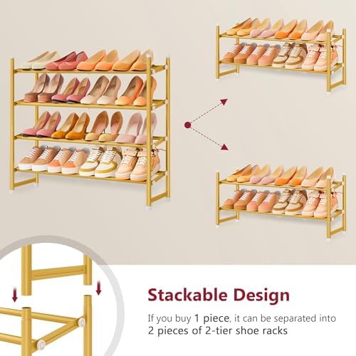 Tajsoon Expandable Shoe Rack for Closet 4 Tier, 28“-41“Stackable, Gold - Image 6