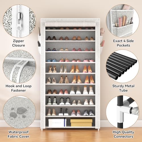 ROJASOP 10 Tier Shoe Rack with Covers Large Capacity Stackable Tall Shoe Shelf Storage for 50-55 Pairs Shoe and Boot, Sturdy Free Standing Shoe Rack Organizer for Closet, Entryway, Bedroom, Printing - Image 4