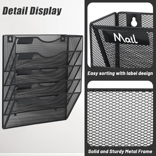 EASEPRES 5 Pocket Mesh Hanging Wall File Organizer, Wall Mounted Mail Paper Document Folder Holder, Clipboard Storage Organization Magazine Rack with Nametag Label for Office Home School, Black - Image 3