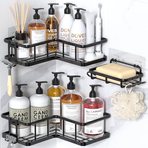 YASONIC Corner Shower Caddy Adhesive, 100% Rustproof Shower Organizer with Soap Holder, No Drill Shower Shelf for Inside Shower, Wall-Mounted Shower Storage for Homes (3 Pack, Black) by YASONIC