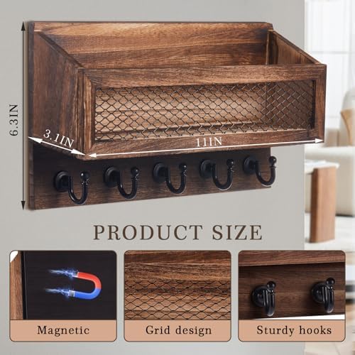 Colingmill Magnetic Mail and Key Holder with 5 Hooks for Wall, Brown - Image 2