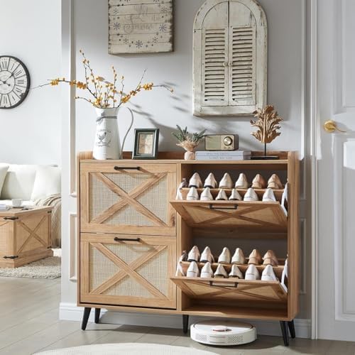 Barnyatoh Farmhouse Shoe Storage Cabinet,Shoe Organizer with 4 Flip Drawers by Barnyatoh