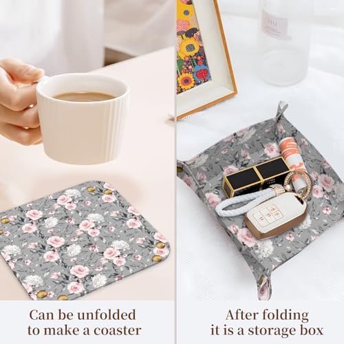 PU Leather Jewelry Valet Tray, Portable Catchall Tray for Keys, Wallet, Watch,Travel Jewelry Tray Organizer for Nightstand Desk Entryway Home Decor Gift for Women Men Grey Roses - Image 3