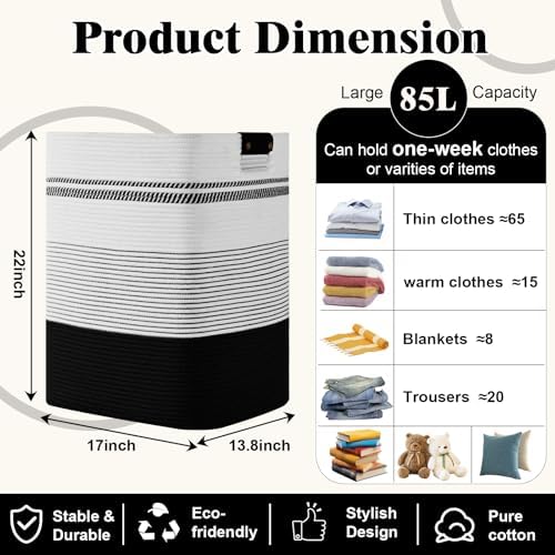 Laundry Hamper, 85L Tall Laundry Basket with Leather Handles, Rectangle Large Clothes Hamper for Organizing, Cotton Woven Laundry Baskets Storage Hampers for Bedroom, Nursery, Living Room - Image 4