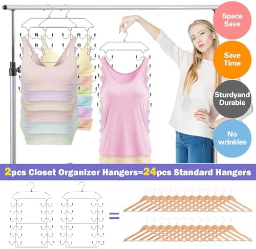 Tank Top Hanger,6 Tier Double Space Saving Bra Hangers, Closet Organizers and Storage,Dorm Room Essentials for Girls,Hanging Closet Organizer for Camisoles Sports Bras Strappy Dress Swimsuits Ties - Image 3
