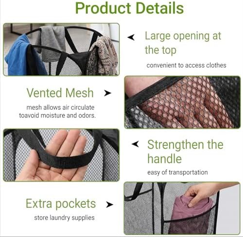 BATTOO Deluxe Strong Mesh Pop up Laundry Hamper Basket with Side Pocket for Laundry Room, Bathroom, Kids Room, College Dorm or Travel 2 Pack Black - Image 5