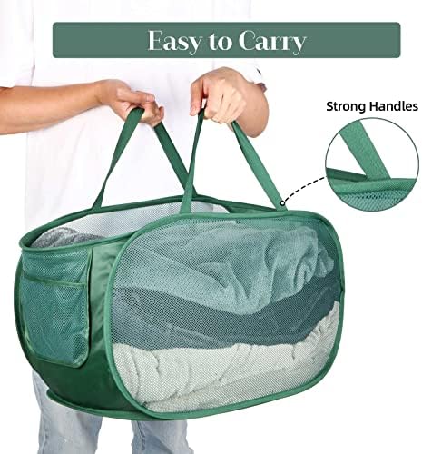 4 Pack Collapsible Laundry Baskets, Foldable Laundry Basket with Pocket, Durable Pop Up Hampers, Reinforced Handles Dirty Clothes Hamper for Laundry, Bedroom, Bathroom, Dorm, Travel or Camping Green - Image 6