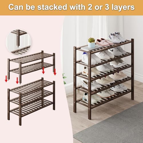 Bamboo Shoe Rack Organizer for Closet and Entryway - Space-Saving Narrow Shoe Stand - Versatile Shoe Holder for Door or Closet Shelf,Garage Bedroom can Freely Stack DIY Small Shoe Racks 2Tier Brown - Image 6