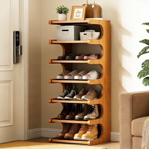 39" Bamboo Shoe Rack - Vertical Shoe Organizer Rack for Small Space, Narrow Shoe Tower for Closet, Entryway, Corner, Tall Shoe Shelf with Removable Shelves, Flexible Storage Shelf for Saving Space by Displaycabinet