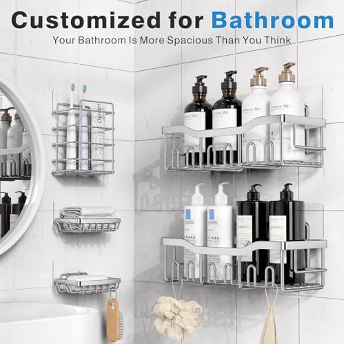 EUDELE 5-Pack Rustproof Stainless Steel Shower Caddy – No Drill Adhesive Bathroom Organizer with Large Capacity, Spacious Shower Shelves for Inside Shower, Kitchen & Home Decor Storage-XL Size - Image 3