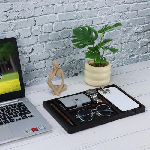 MultiBey Acacia Wood Valet Tray with Leather Inlay, Desk Organizer Tray - Image 7