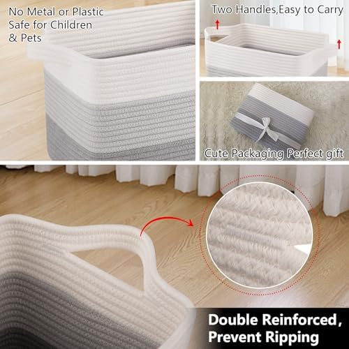 OIAHOMY Cotton Rope Storage Baskets for Organizing Gradient Gray 3-Pack - Image 6