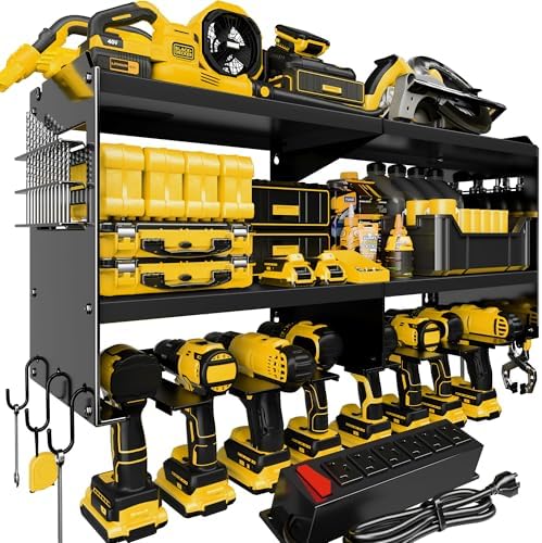 Spampur Power Tool Organizer Wall Mount with Charging Station, 15 Min Assembly & Maximum 420lb Load by Heavy Duty Metal, 8 Slots for Cordless Drill, Tool Battery Holder with 6 Outlet Power Strip by Spampur