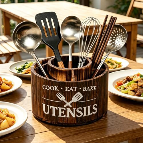 Wood Rotating Utensil Holder for Kitchen Countertop, 360° Lazy Susan Kitchen Utensil Organizer with 5 Compartments, Wooden Spatula Spoon Fork Storage Rack, Rustic Farmhouse Cooking Tool Holder by Unknown