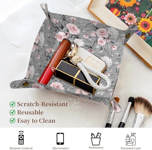 PU Leather Jewelry Valet Tray, Portable Catchall Tray for Keys, Wallet, Watch,Travel Jewelry Tray Organizer for Nightstand Desk Entryway Home Decor Gift for Women Men Grey Roses - Image 2