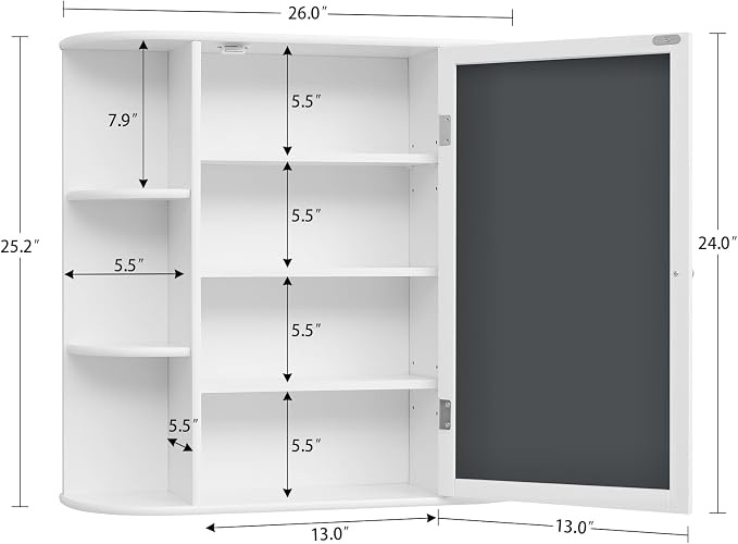 Iwell Bathroom Medicine Cabinet with Mirror, Bathroom Wall Cabinet with 2 Adjustable Shelves & 6 Open Shelves, Medicine Cabinet Organizer, Bathroom Cabinet Wall Mounted, White - Image 3