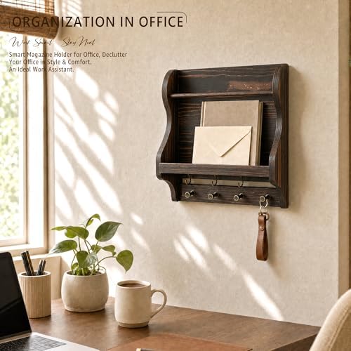 Pine Wood Mail Organizer Wall Mount with 7 Hooks Entryway, Vintage Brown - Image 3