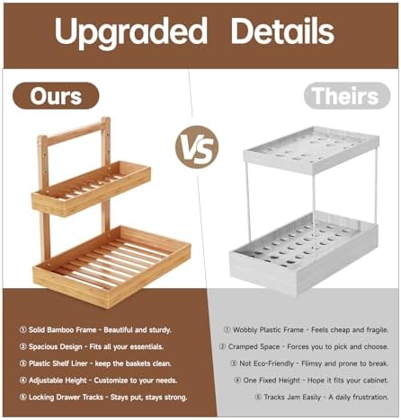 Bamboo Under Sink Organizer - 2 Tier Pull Out Cabinet Shelves with Adjustable Height, Undersink Storage Slide Out for Kitchen Bathroom Cabinet Pantry - Image 4