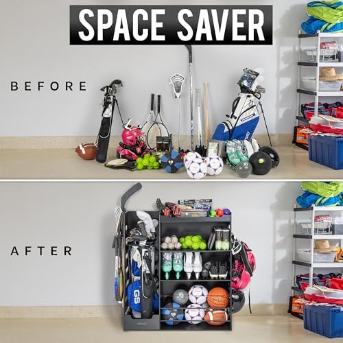 GoSports Premium Wooden Sports Equipment Organizer with Storage Hooks - Golf Bag Rack and Multi-Sport Ball Bin for Garage - Image 6