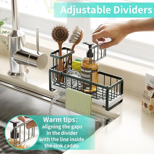HapiRm Sponge Holder for Kitchen Sink - Self-draining Sink Caddy with Brush and Dishcloth Holders, Stainless Steel Kitchen Organizer for Countertop - Green - Image 4