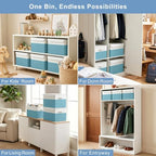 Bagnizer Large 22 Quart Linen Fabric Foldable Storage Bin Cube Organizer Basket with Flip-Top Lid & Handles, Clothes Blanket Box for Home, Office, Closet, Teal & White, 4 Pack 14.6 x 9.5 x 9.5 - Image 4