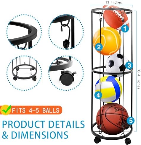 Garage Ball Storage Rack, Wall-Mounted Basketball Holder, Vertical Ball Rack for Soccer Volleyball Football Basketball, Space-Saving Sports Ball Storage Organizer for Garage & Home - Image 2