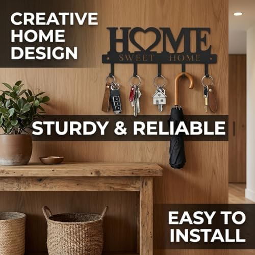 Key Holder Hooks Organizer Hanger Rack Wall Mounted Sweet Home Metal Decor Stylish and Practical for Entryway Front Door Kitchen Hallway Garage Mudroom Office Hardware Included Black (Sweet 13 inches) - Image 3