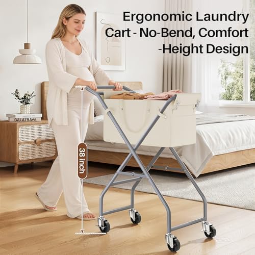 No-Bend Laundry Cart- Rolling Hamper with Locking Wheels & Handle, Foldable Basket Screw-Free Assembly, Durable Metal Frame & Removable Liner Bag for Bedroom & Bathroom (Beige) - Image 3