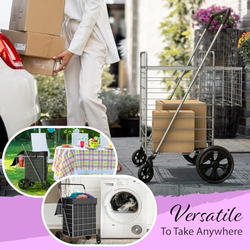 Our Modern Space Shopping Cart w/Waterproof Basket Liner & 360° Swivel Wheels | Foldable Collapsible & Lightweight | Perfect for Groceries Laundry Utility Cart - Silver - Image 5