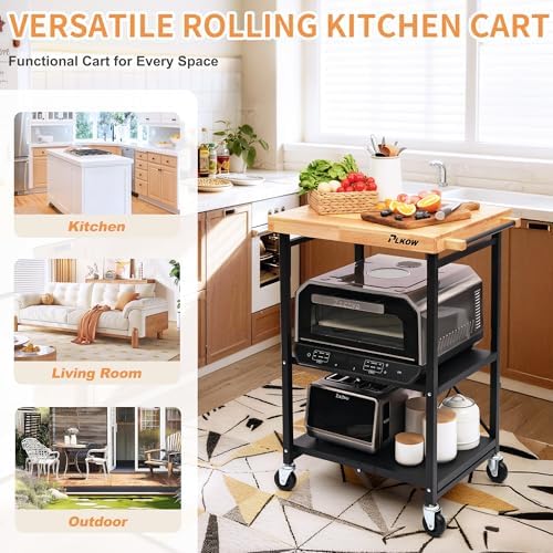 PLKOW Foldable 3-Tier Rolling Kitchen Cart with Solid Oak Top, Black - Image 3