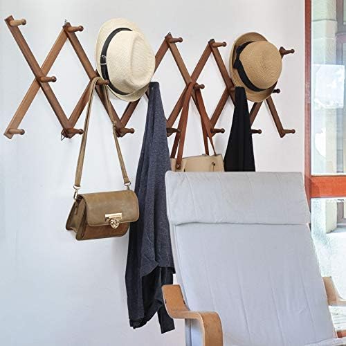 WEBI Accordion Wall Hanger,Expandable Wooden Hat Rack for Wall Mounted Coat Rack,Accordion Hat Hooks Holder for Baseball Caps,17 Peg,Walnut Color - Image 2